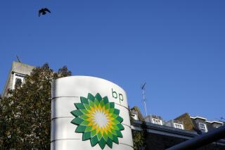 FILE - A sign at a BP petrol station in London, Feb. 7, 2023. Total pay for British energy giant BP's CEO more than doubled to $12 million last year, the company said Friday, March 10, 2023 as oil and gas companies raked in record profits fueled by soaring energy costs that have also fueled a cost of a living crisis. (AP Photo/Kirsty Wigglesworth, File)
