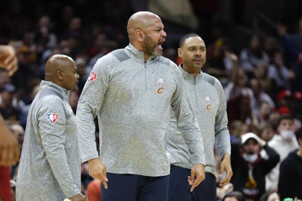 Cleveland Cavaliers head coach J.B. Bickerstaff yells at the referees after being ejected during the second half of an NBA basketball game against the Charlotte Hornets, Wednesday, March 2, 2022, in Cleveland. The Hornets won 119-98. (AP Photo/Ron Schwane)