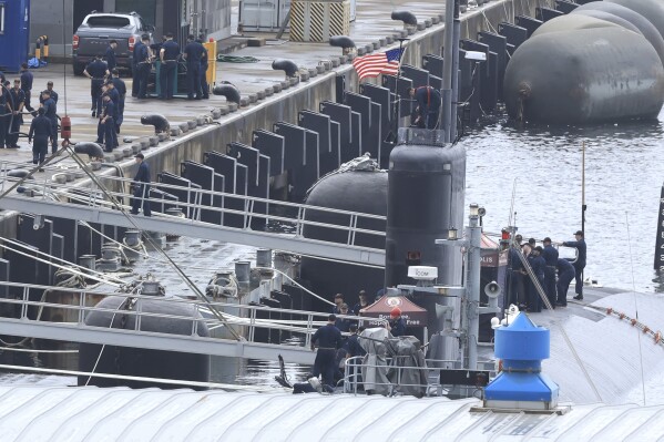 The USS nuclear-powered submarine USS Annapolis docks at a South Korean naval base on Jeju Island, South Korea, Monday, July 24, 2023. The nuclear-propelled U.S. submarine has arrived in South Korea in the second deployment of a major U.S. naval asset to the Korean Peninsula this month, South Korea's military said Monday, adding to the allies' show of force to counter North Korean nuclear threats. (Park Ji-ho/Yonhap via AP)