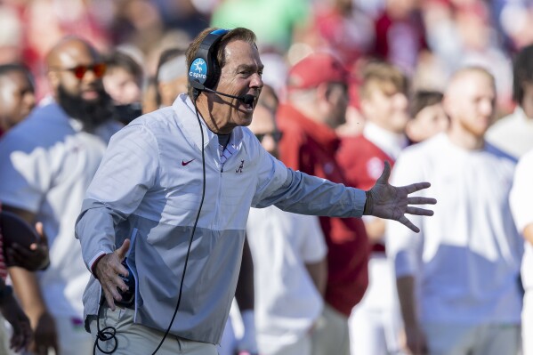 Alabama head coach Nick Saban yells to his team during the second half of an NCAA college football game against Chattanooga, Saturday, Nov. 18, 2023, in Tuscaloosa, Ala. (AP Photo/Vasha Hunt)