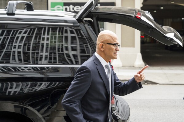 Microsoft CEO Satya Nadella arrives at the Phillip Burton Federal Building and U.S. Courthouse in San Francisco, on Wednesday, June 28, 2023. Microsoft is defending the company's proposed $69 billion takeover of video game maker Activision Blizzard as federal regulators seek to block the deal. (AP Photo/Noah Berger)