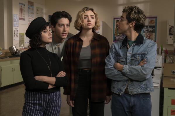 This image released by Paramount+ shows, from left, Sarah Yarkin as Rhonda, Milo Manheim as Wally, Peyton List as Maddie and Nick Pugliese as Charley in a scene from "School Spirits." (Ed Araquel/Paramount+ via AP)