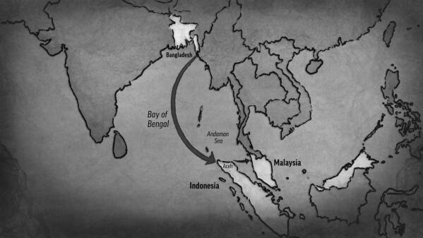 An illustrated map showing a general boat route taken by Rohingya refugees from Bangladesh to Malaysia. (AP Illustration)