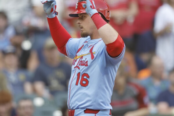 St. Louis Cardinals' Nolan Gorman reacts after hitting a three-RBI home run against the Milwaukee Brewers during the fifth inning of a baseball game, Saturday, June, 14, 2025, in Milwaukee. (AP Photo/Jeffrey Phelps)