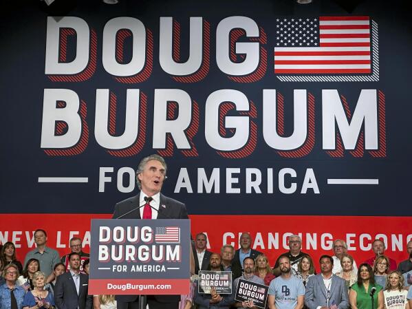 North Dakota Gov. Doug Burgum speaks as he kicks off his campaign for the 2024 Republican presidential nomination, Wednesday, June 7, 2023 in Fargo, N.D. Burgum, 66, joins a long list of contenders hoping to dent former President Donald Trump’s early lead in the race. The governor of the nation's fourth-least populous state announced his candidacy in The Wall Street Journal. (AP Photo/Mark Vancleave)