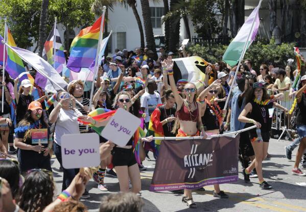 FILE - Participants with the Alliance for GLBTQ Youth march at the annual Miami Beach Gay Pride Parade, Sunday, April 9, 2017, in Miami Beach, Fla. Republican-backed legislation in Florida that could severely limit discussion of gay and lesbian issues in public schools is being widely condemned as dangerous and discriminatory, with one gay Democratic lawmaker saying it’s an attempt to silence LGBTQ students, families and history. (AP Photo/Lynne Sladky, File)