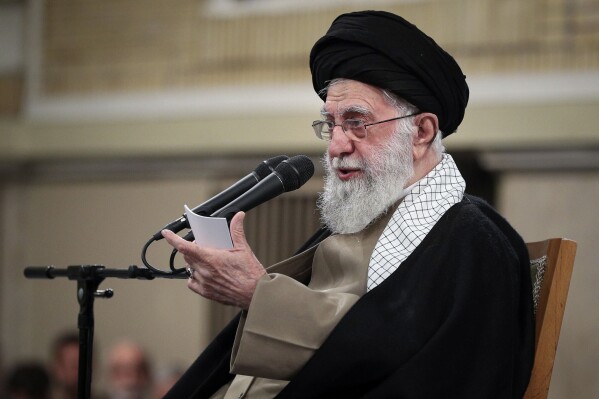 In this photo released by the official website of the office of the Iranian supreme leader, Supreme Leader Ayatollah Ali Khamenei speaks during a meeting with students, in Tehran, Iran, Wednesday, March 12, 2025. (Office of the Iranian Supreme Leader via AP)