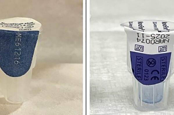 This photo combo provided by the FDA shows an authentic Ozempic needle, left and a counterfeit needle, right. The U.S. Food and Drug Administration said it has seized “thousands of units” of counterfeit Ozempic, the diabetes drug widely used for weight loss, that had been distributed through legitimate drug supply sources. (FDA via AP)