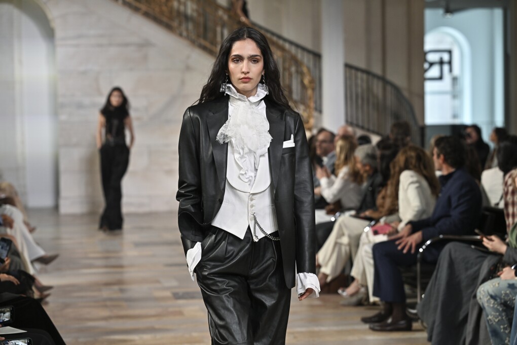 A model walks the runway at the Ralph Lauren Fall 2025 presentation on Thursday, April 17, 2025, in New York. (Photo by Evan Agostini/Invision/AP)