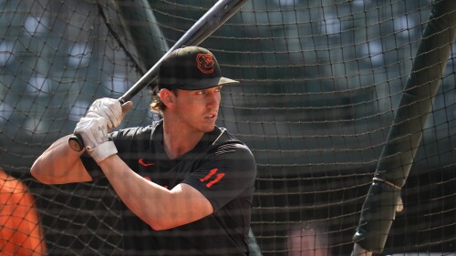 Baltimore Orioles' Jordan Westburg takes batting practice prior to a baseball game against the Cincinnati Reds, Monday, June 26, 2023, in Baltimore. (AP Photo/Julio Cortez)