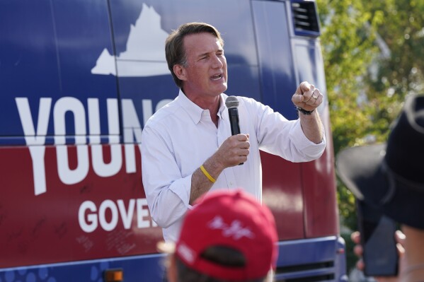 FILE - Virginia Gov. Glenn Youngkin addresses the crowd during an early voting rally Sept. 21, 2023, in Petersburg, Va. (AP Photo/Steve Helber, File)