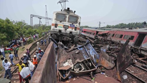 FILE - Rescuers work at the site of passenger trains that derailed in Balasore district, in the eastern Indian state of Orissa, Saturday, June 3, 2023. India’s federal crime agency Friday, July 7, 2023, said it has arrested three railway officials in connection with one of the country’s deadliest train accidents that killed more than 290 people people last month. (AP Photo/Rafiq Maqbool, File)