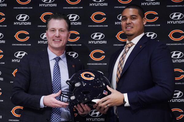 FILE - Chicago Bears new NFL football head coach Matt Eberflus, left, and new general manager Ryan Poles pose for photo during a news conference at Halas Hall in Lake Forest, Ill., Monday, Jan. 31, 2022. The Chicago Bears are entering a new phase after general manager Ryan Poles and coach Matt Eberflus took over for the fired Ryan Pace and Matt Nagy. (AP Photo/Nam Y. Huh, File)