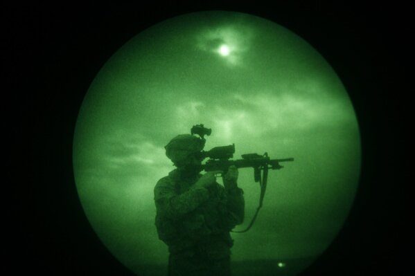 
              In this Monday, April 21, 2008 file photo, a U.S soldier looks through the scope of his weapon during a night patrol in Mandozai, in Khost province, Afghanistan, seen through night vision equipment. About 400,000 veterans had a PTSD diagnosis in 2013, according to the Veterans Affairs health system. (AP Photo/Rafiq Maqbool)
            