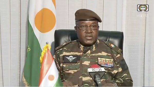 In this image taken from video provided by ORTN, Gen. Abdourahmane Tchiani makes a statement Friday, July 28, 2023, in Niamey, Niger. Niger state television identified him as the leader of the National Council for the Safeguarding of the Country, the group of soldiers who said they staged the coup against President Mohamed Bazoum. (ORTN via AP)