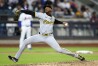 Pittsburgh Pirates pitcher Aroldis Chapman throws against the New York Mets during the eighth inning of a baseball game, Monday, April 15, 2024, in New York. (AP Photo/Noah K. Murray)