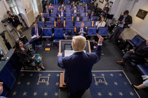 President Donald Trump speaks about the coronavirus in the James Brady Press Briefing Room of the White House, Thursday, April 9, 2020, in Washington. (AP Photo/Andrew Harnik)
