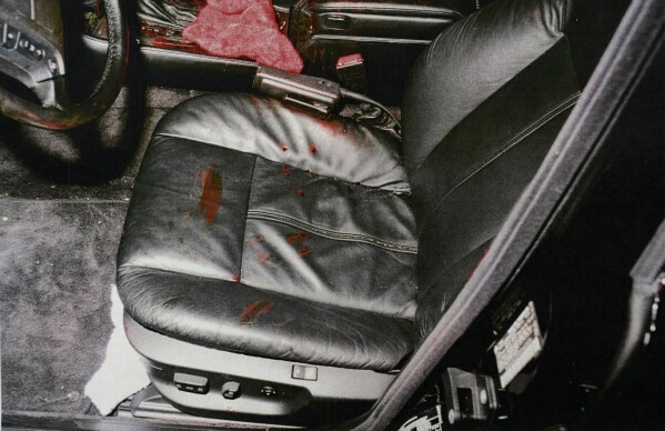 This photo provided by the Las Vegas Metropolitan Police Department shows the bloodied driver's seat that was occupied by Marion "Suge" Knight in a car rapper Tupac Shakur was fatally shot in September 1996, in Las Vegas. Duane "Keffe D" Davis, 60, was arrested Sept. 29, 2023, and charged with orchestrating the drive-by shooting of Shakur near the Las Vegas Strip that also wounded rap music mogul Marion “Suge” Knight. (Las Vegas Metropolitan Police Department via AP)