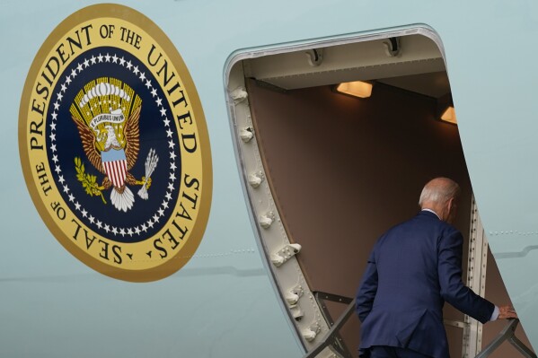 President Joe Biden boards Air Force One for a trip to attend the G20 summit in New Delhi, Thursday, Sept. 7, 2023, in Andrews Air Force Base, Md. (AP Photo/Evan Vucci)