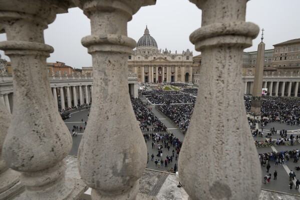 A view of St. Peter's Square at The Vatican during the Easter Sunday mass celebrated by Pope Francis, Sunday, March 31, 2024. (AP Photo/Alessandra Tarantino)
