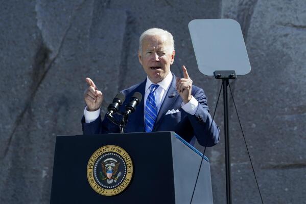President Joe Biden speaks during an event marking the 10th anniversary of the dedication of the Martin Luther King, Jr. Memorial in Washington, Thursday, Oct. 21, 2021.  The U.S. budget deficit totaled $2.77 trillion for 2021, the second highest on record but an improvement from the all-tine high of $3.13 trillion in 2020. The deficits in both years reflected trillions of dollars in government spending to counter-act the devastating effects of a global pandemic.  (AP Photo/Susan Walsh)