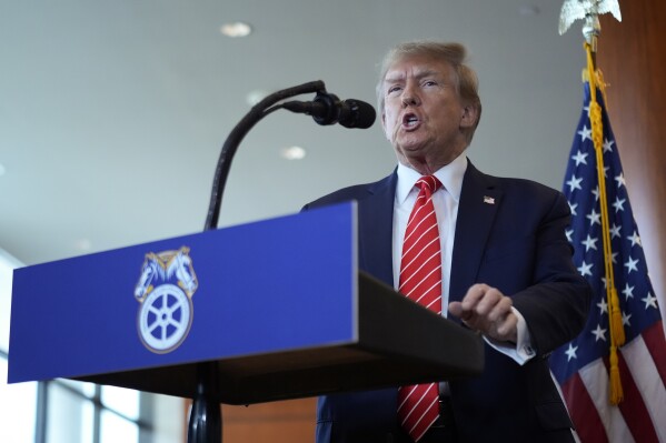 Republican presidential candidate former President Donald Trump speaks after meeting with members of the International Brotherhood of Teamsters at their headquarters in Washington, Wednesday, Jan. 31, 2024. (AP Photo/Andrew Harnik)