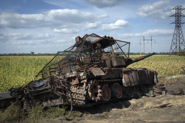 A destroyed Russian tank sits on a roadside near the town of Sudzha, Russia, in the Kursk region, on Aug. 16, 2024. This image was approved by the Ukrainian Defense Ministry before publication. (AP Photo, File)
