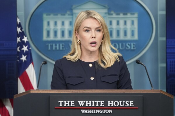 White House press secretary Karoline Leavitt speaks during a press briefing at the White House in Washington, Tuesday, April 22, 2025. (AP Photo/Mark Schiefelbein)