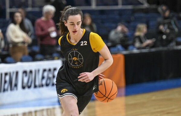Iowa's Caitlin Clark (22) is seen during a morning practice session at a college basketball NCAA Tournament in Albany, N.Y. Friday, March 29, 2024. Iowa plays Colorado in a Sweet 16 game on Saturday. (AP Photo/Hans Pennink)