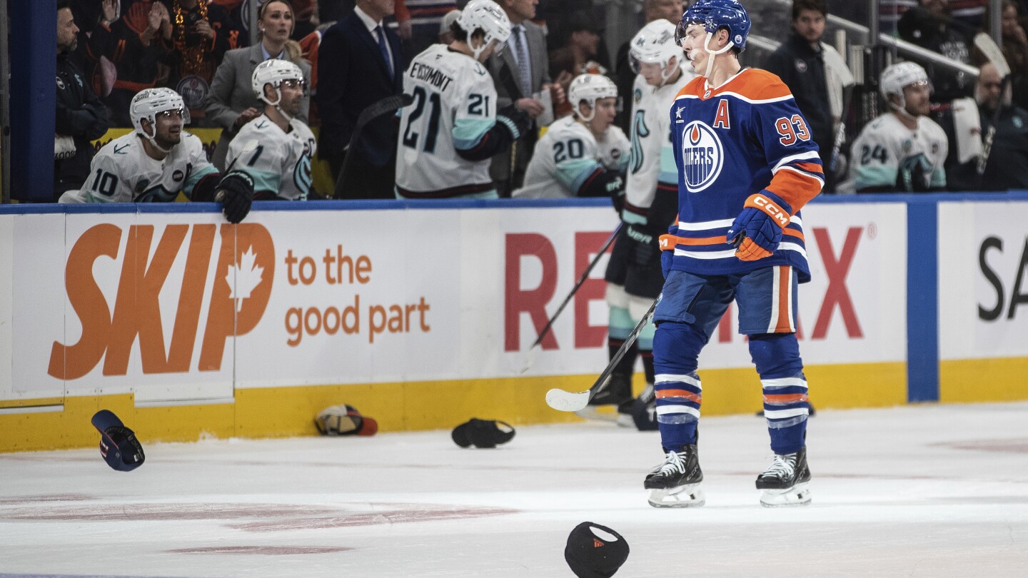 Ryan Nugent-Hopkins gets 4th career hat trick as Oilers hold on to beat Kraken 5-4