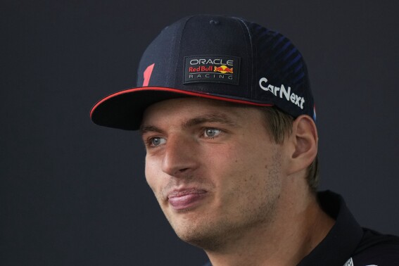 Red Bull driver Max Verstappen of the Netherlands answers to reporters at the Monza racetrack, in Monza, Italy , Thursday, Aug. 31, 2023. The Formula one race will be held on Sunday. (AP Photo/Luca Bruno)