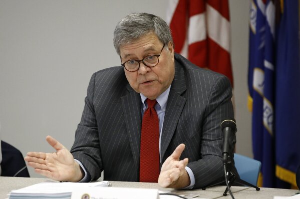 Attorney General William Barr speaks at a roundtable with members of local, state and federal law enforcement agencies at the Cleveland Police Department's Third District station, Thursday, Nov. 21, 2019, in Cleveland. (AP Photo/Patrick Semansky)
