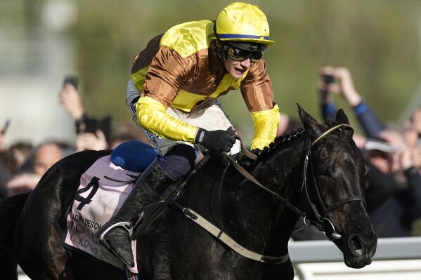 Jockey Paul Townend riding Galloping Des Champs as he wins Gold Cup horse race during the final day of the Cheltenham Festival at Cheltenham Racecourse, England, Friday, March 15, 2024. (AP Photo/Dave Shopland)