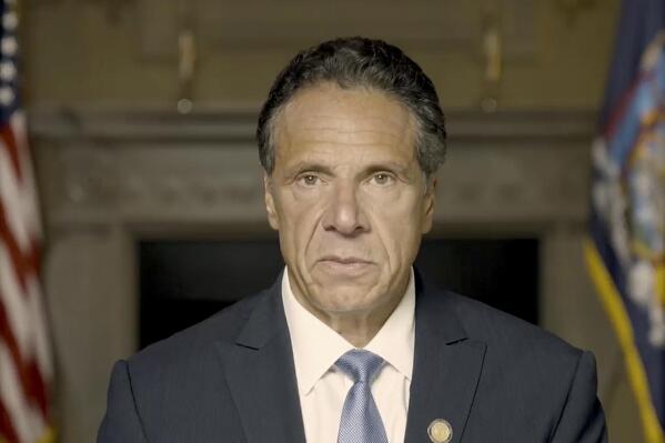 In this image taken from video provided by Office of the NY Governor, New York Gov. Andrew Cuomo makes a statement on a pre-recorded video released, Tuesday, Aug. 3, 2021, in New York. An investigation into New York Gov. Andrew Cuomo has found that he sexually harassed multiple current and former state government employees. State Attorney General Letitia James announced the findings Tuesday. (Office of the NY Governor via AP )