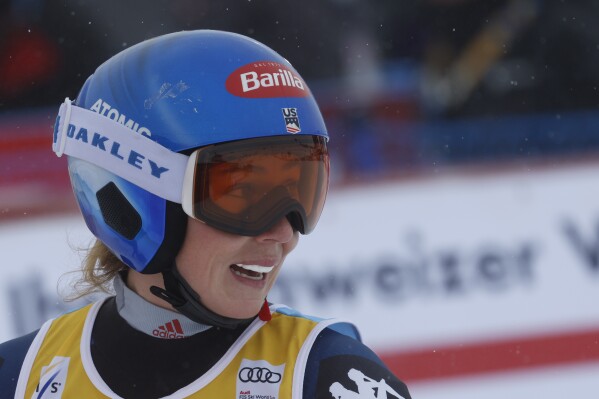 United States' Mikaela Shiffrin reacts after completing an alpine ski, women's World Cup super G race, in St. Moritz, Switzerland, Friday, Dec. 8, 2023. (AP Photo/Alessandro Trovati)