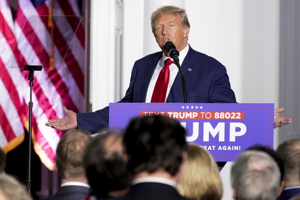 FILE - Former President Donald Trump speaks to supporters at Trump National Golf Club Bedminster, June 13, 2023, in Bedminster, N.J. (AP Photo/Mary Altaffer, File)