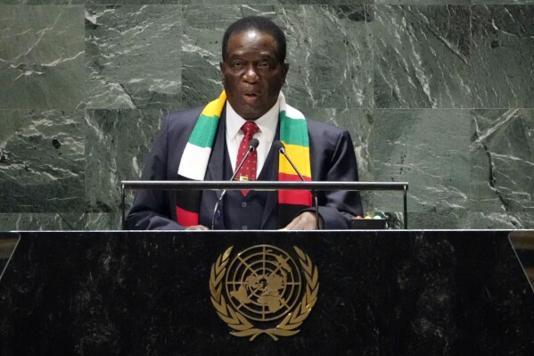 Zimbabwe's President Emmerson Dambudzo Mnangagwa addresses the 78th session of the United Nations General Assembly, Thursday, Sept. 21, 2023. (AP Photo/Richard Drew)