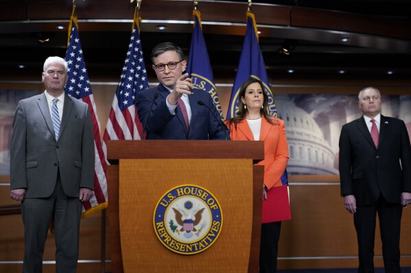 Speaker of the House Mike Johnson, R-La., center, joined by, from left, Majority Whip Tom Emmer, R-Minn., Republican Conference Chair Elise Stefanik, R-N.Y., and House Majority Leader Steve Scalise, R-La., talks with reporters ahead of the debate and vote on supplemental aid to Israel, at the Capitol in Washington, Thursday, Nov. 2, 2023. (AP Photo/J. Scott Applewhite)