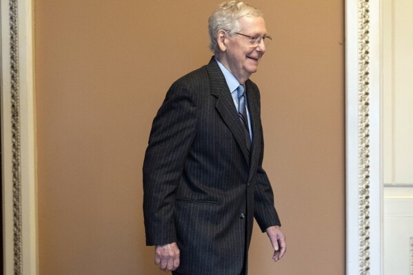Senate Minority Leader Mitch McConnell of Ky., leaves a Republican luncheon, Wednesday, Feb. 28, 2024 at the Capitol in Washington, after announcing that he will step down as Senate Republican leader in November. The 82-year-old Kentucky lawmaker is the longest-serving Senate leader in history. He's maintained his power in the face of dramatic changes in the Republican Party. (AP Photo/Jacquelyn Martin)
