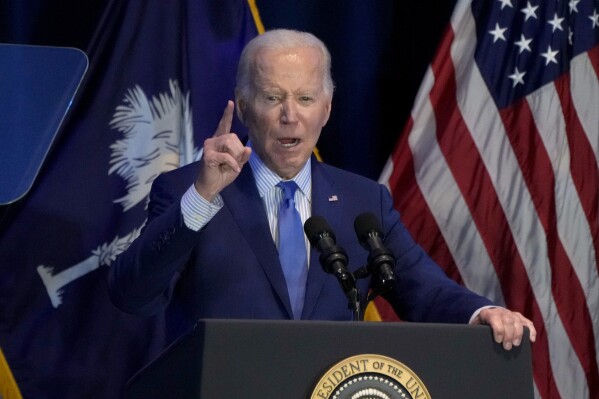 FILE - President Joe Biden speaks at South Carolina's First in the Nation dinner at the South Carolina State Fairgrounds in Columbia, S.C., Jan. 27, 2024. For the first time ever, the race for the Democratic presidential nomination officially kicks off this Saturday in South Carolina, the state that resurrected then-candidate Biden's foundering presidential campaign in 2020 and put him on a footing to win both the Democratic nomination and, eventually, the White House. (AP Photo/Jacquelyn Martin, File)