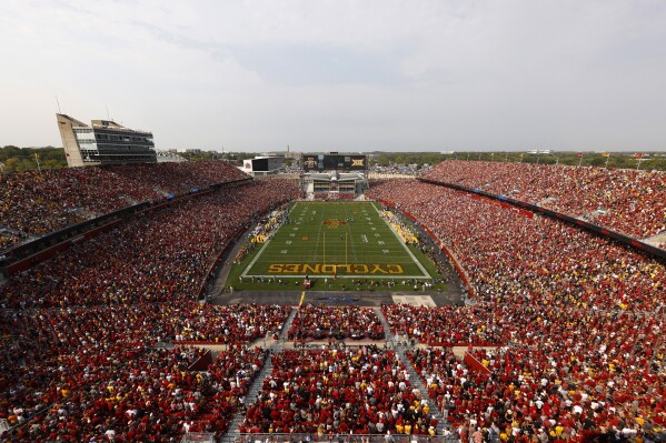 FILE - Iowa State takes on Iowa in a sellout crowd of 61,500 people at Jack Trice Stadium during the first half of an NCAA college football game, Saturday, Sept. 11, 2021, in Ames, Iowa. The prosecutor handling the sports wagering case against four former or suspended Iowa State athletes asked a judge to dismiss all charges Friday, March 1, 2024. (AP Photo/Matthew Putney, File)