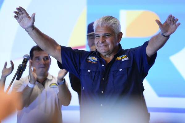 Presidential candidate Jose Raul Mulino, of the Achieving Goals party, celebrates after winning on the day of the general electing in Panama City, Sunday, May 5, 2024. (Ǻ Photo/Matias Delacroix)