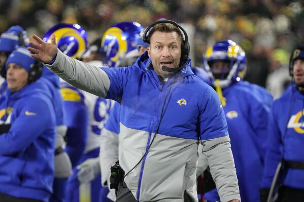 Los Angeles Rams head coach Sean McVay questions a call in the second half of an NFL football game against the Green Bay Packers in Green Bay, Wis. Monday, Dec. 19, 2022. (AP Photo/Morry Gash)