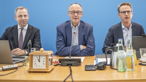 From left, party member Mario Czaja, the Chairman of the German Christian Democatic Party (CDU), Friedrich Merz, and party member Carsten Linnemann, attend a meeting of the CDU Federal Executive Committee in Berlin, Germany, Wednesday, July 12, 2023. Germany’s opposition leader is replacing one of his party’s top officials with an ally as he tries to improve its standing in polls and capitalize on discontent with the government of Chancellor Olaf Scholz. Friedrich Merz announced on Tuesday that he was replacing Mario Czaja as the party’s general secretary — the official responsible for day-to-day political strategy. (Michael Kappeler/dpa via AP)