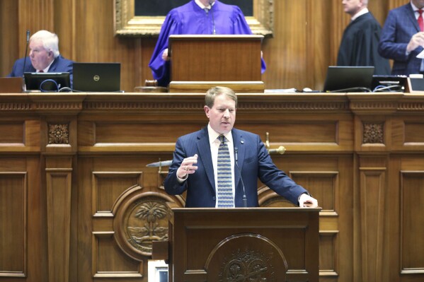South Carolina Sen. Shane Martin, R-Pauline. speaks in favor of a bill that would allow anyone who could legally own a gun to carry the weapon openly on Wednesday, Jan. 24, 2024, in Columbia, S.C. (AP Photo/Jeffrey Collins)