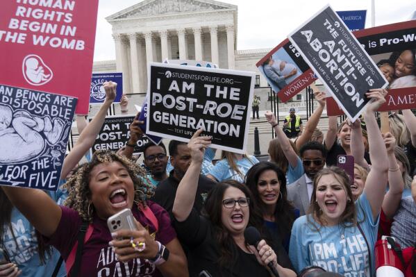 Demonstrators gather outside the Supreme Court in Washington, Friday, June 24, 2022. The Supreme Court has ended constitutional protections for abortion that had been in place nearly 50 years, a decision by its conservative majority to overturn the court's landmark abortion cases. (AP Photo/Jose Luis Magana)