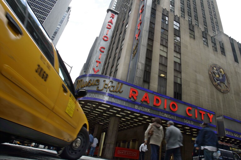 FILE - New York's Radio City Music Hall, a property of Cablevison Systems Corp., is seen in this photo, Wednesday May 2, 2007. Former Presidents Barack Obama and Bill Clinton are teaming up with President Joe Biden for a glitzy reelection fundraiser Thursday night at Radio City Music Hall in New York City. The event brings together more than three decades of Democratic leadership. (AP Photo/Richard Drew, File)