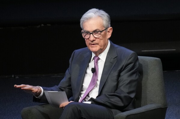 FILE - Federal Reserve Chairman Jerome Powell speaks at a meeting of the Economic Club of New York, Oct. 19, 2023, in New York. The Federal Reserve is expected to leave interest rates alone when its latest meeting ends Wednesday. But economists will be listening closely to what Chair Jerome Powell says about the possible future path for rates.(AP Photo/Seth Wenig, file)