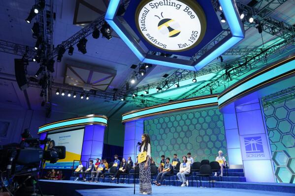 Sarah Fernandes, 11, from Omaha, Neb., competes during the Scripps National Spelling Bee, Tuesday, May 30, 2023, in Oxon Hill, Md. (AP Photo/Alex Brandon)