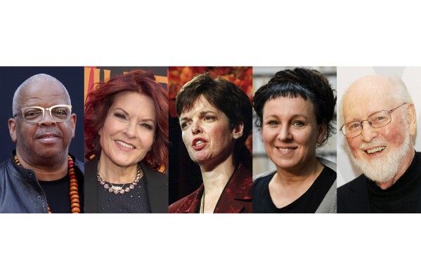 This combination of photos shows some of the inductees and honorees for the American Academy of Arts and Letters, from left, jazz musician and film composer Terence Blanchard, singer Rosanne Cash, author Alice McDermott, Nobel laureate Olga Tokarczuk and composer John Williams. (AP Photo)